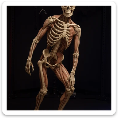 Hyperrealistic anatomical view of the same pose: tilted pelvis, valgus knee, pronated foot, with detailed visible bones and muscles, gym environment, 4K quality. Variant 1: more pronounced pelvis tilt. sticker