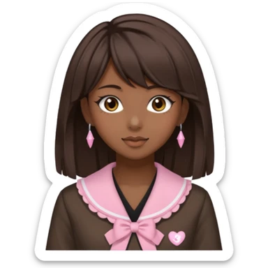 Dark skin, light skin, brown eyes, medium dark brown hair, side bangs, and wears a gyaru outfit  sticker