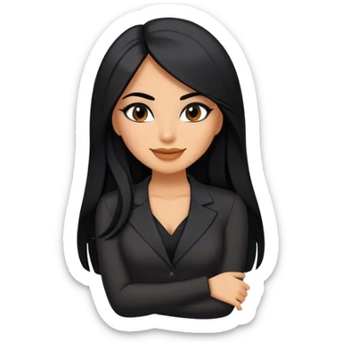 beautiful woman boss, with long straight black hair, with make up, black eye liner, smile, mexican, brown skin, wearing beautiful sexy black outfit, she’s shy sticker