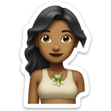 Brown Island girl with long black hair and a plumeria flower sticker