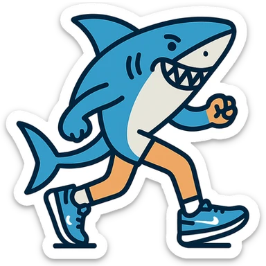 playful shark with human-like legs running in blue Nike shoes outlined in modern color icon style sticker