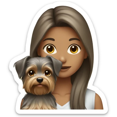 Brunette long hair light tan girl with beige and gray yorkie puppy sticker
