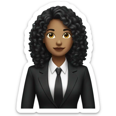 corporate white woman, long black curly hair, with a phone, black blazer  sticker