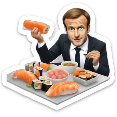 Emmanuel Macron qui chevauche un chat et qui mange des sushis sticker