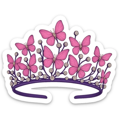 Make the base of the butterfly crown purple, keep the vibrant pink enamel butterflies and sparkling gems, with no background. The style should maintain the original look of the butterfly crown. sticker