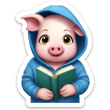 Cute girly pig sprite wearing a blue hoodie with books on it, reading the book “Little Women”. sticker