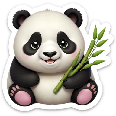Cinematic smiling chubby panda, fluffy black and white fur, round rosy cheeks, tiny paws holding a bamboo shoot, sparkling eyes full of joy, soft glowing background, irresistibly huggable. sticker
