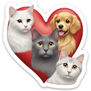 A Golden retriever, a white cat, and a gray cat in a red heart sticker