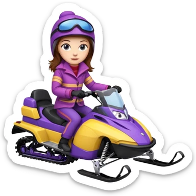 Brown hair, very blue eyes, Woman wearing a Very red coat  on purple and yellow striped snowmobile sticker