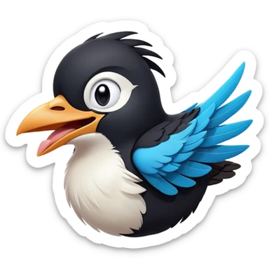 Cinematic Cute Yawning Magpie Portrait Emoji, Head tilted slightly with a dramatic, wide-open yawn, showcasing a sleek, contrasting feathered form with softly drooping wings and sleepy, half-closed eyes, Simplified yet irresistibly adorable features, highly detailed, glowing with a soft, cozy urban glow, high shine, relaxed yet expressive, stylized with a dash of whimsical charm, soft glowing outline, capturing the essence of a drowsy yet affectionate magpie that appears ready to stretch out for a nap! sticker