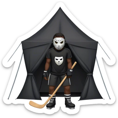 dark skinned black man standing in front of tent wearing a black t shirt with a scary hockey mask sticker