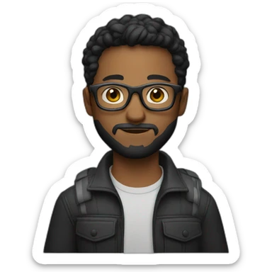 a filmmaker, young, black, short hair, beard, wearing glasses and with camera in hand. Using black sticker