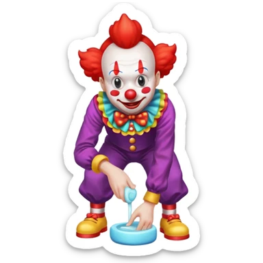Clown dropping down to pick up soap sticker