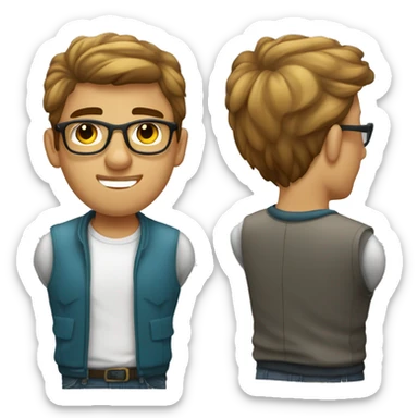 Hombre joven moderno pelo corto castaño y ropa juvenil con gafas  trabajando con ordenado sticker