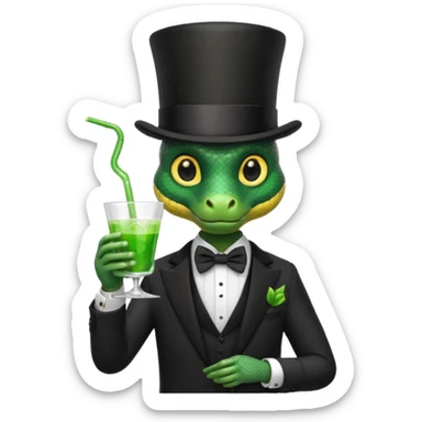 snake wearing suit, bowtie and top hat, holding a glass of green drink sticker