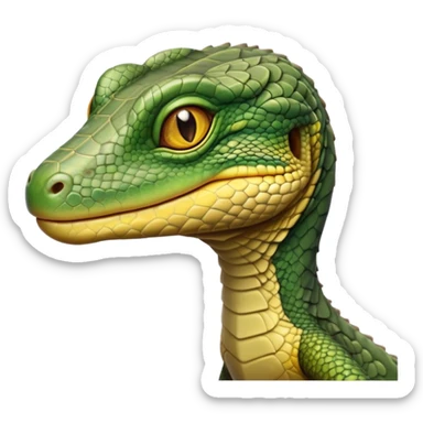 cinematic-realistic-cute-monitor-lizard-portrait-emoji,-head-tilted-playfully-and-inquisitively,-featuring-a-compact,-agile-body-with-finely-detailed,-glossy-scales-in-earthy-olive-hues-and-a-distinct,-alert-face-with-bright,-curious-eyes, yellow and dark green sticker