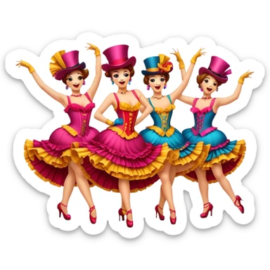 Cinematic Realistic Can-can Dance Emoji, depicted as a lively cabaret dance scene with flouncy costumes and dynamic energetic movement, rendered with vibrant textures and playful theatrical lighting that captures the spirit of French cabaret. sticker