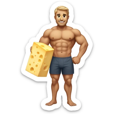 Buff guy with surf shorts and a block of cheese sticker