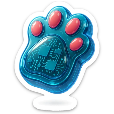 fluffy cat paw, glossy circuit style, shiny and tech-inspired, neon accents sticker