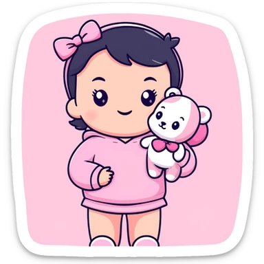 cute toddler girl with pastel pink clothes holding a pink teddy bear sticker