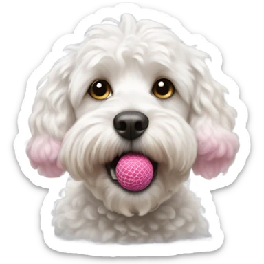 White cockapoo dog with pink tennis ball in mouth sticker