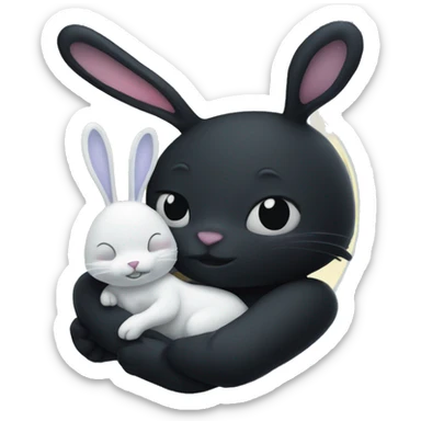 Black rabbit hugging white rabbit with moon behind them sticker
