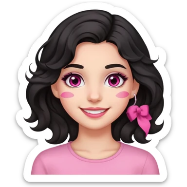 smiling girl with black wavy hair swept to the left, pink eye makeup smudged, no pink on cheeks sticker