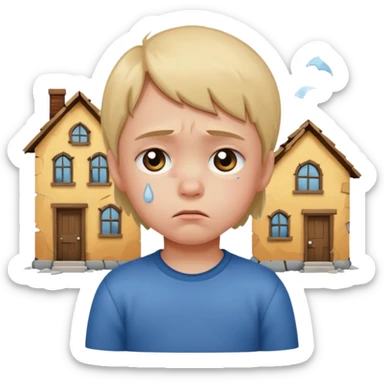 apple style emoji of a small child sitting sadly with broken houses nearby sticker