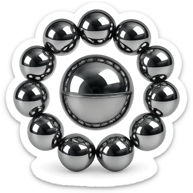 several reflective metallic chrome spheres connected together in a circle with one larger chrome sphere in the center, highly polished, no background sticker