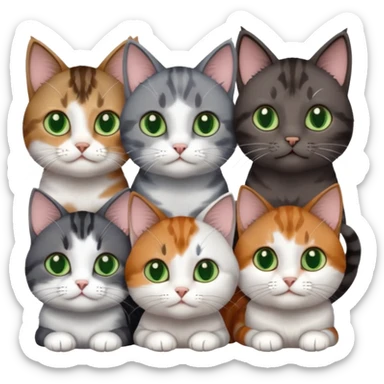 4 different coloured small cats including a dark grey and white, and a patchy calico, and a brown tabby and white,  and a completely solid dark grey with green eyes and only white paws sticker