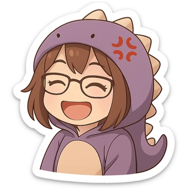 Chibi anime style gamer girl with glasses, brown hair, dark purple eyes, wearing a purple dinosaur costume, making a laughing emote, no controller, same style as reference, no background. sticker