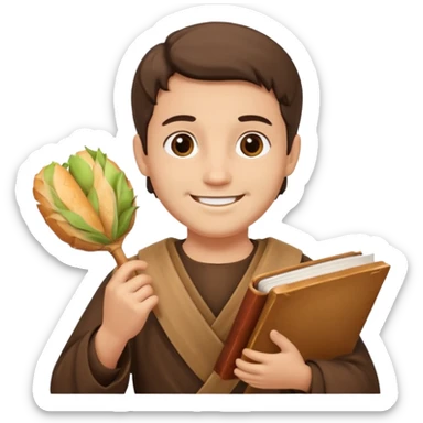 Santo Antônio with brown tunic, holding bread and a book, smiling face sticker