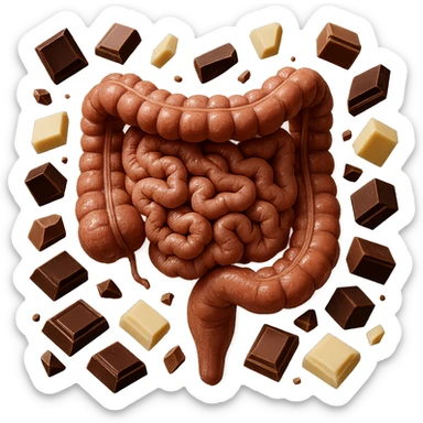 pezzetti di cioccolato fondenti, al latte e bianchi fluttuano intorno ad un intestino umano anatomico realistico, IPERREALISTICO 4K sticker