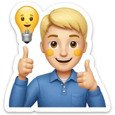 playful product owner emoji, person with a lightbulb and product diagram, winking and giving a thumbs up sticker