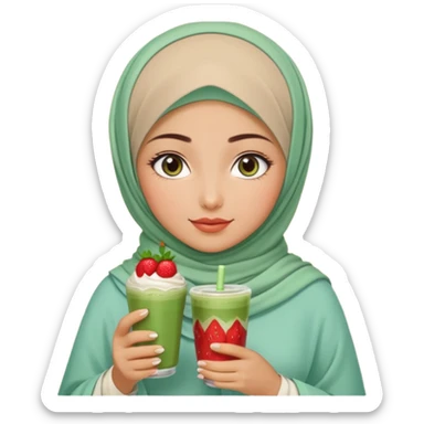 Turkish beautiful finish Konya girl blue eyes with beige and light green hijab islamic dress and had on her hand strawberry Matcha drink sticker