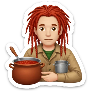 a white man with dreadlocks immersed in a pot of sauce sticker