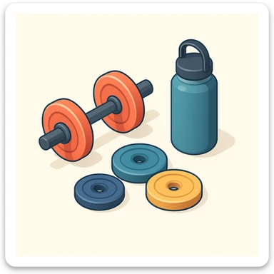 isometric 3d illustration of gym weights and a hydroflask, clean and modern, balanced composition, no text sticker