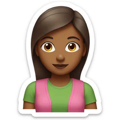 brown girl with straight hair wearing pink and green t-shirt that says “AKA” sticker