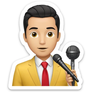 Man with black pulled back hair, wearing a yellow suit and red tie, holding a microphone sticker