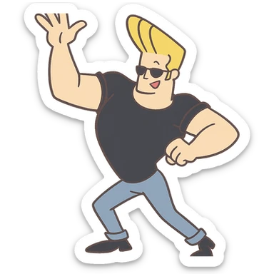 johnny bravo cartoon character, dancing with exaggerated moves, cartoon style sticker