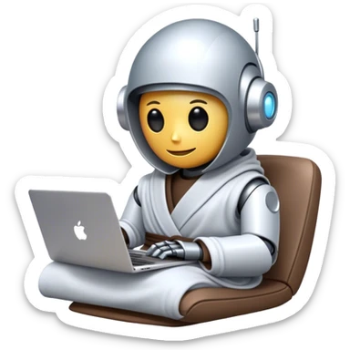 An emoji of a remote-working robot, sitting comfortably with coffee and laptop wrapped in a cozy bathrobe. The robot's head resembles a sleek, futuristic helmet with a smooth, reflective surface. Its eyes are not human-like but rather glowing digital slits or circular LED indicators. sticker