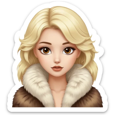 Luxury aesthetic Blonde model with brown eyes, fluffy fur coat, luxury makeup sticker