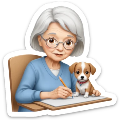 An elderly woman sketching, art board,nice picture, puppy face pencil art style. sticker
