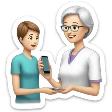 Patient adult child helping mother-in-law with technology sticker