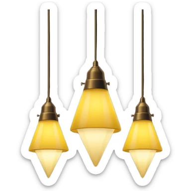 three hanging lamps in a dark room, only the middle lamp is dimly lit, casting a soft yellow cone of light downward, the rest of the room and other lamps remain in total darkness, minimalist cinematic lighting, moody atmosphere, black background, no people sticker