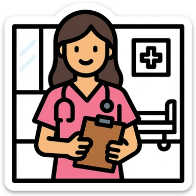 female doctor in pink scrubs, holding a clipboard, smiling, hospital background, clean vector style sticker