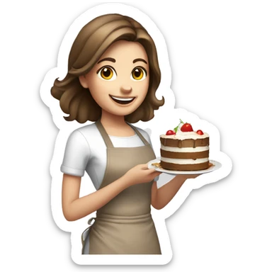 happy white girl- brown hair- cooking holding food cake  sticker
