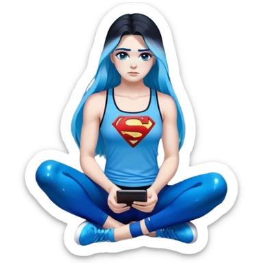 Shameful disappointed crying-very very very very big chest-texting on a samsung cell phone-very long straight flowing black to sky blue hair ombre-blue eyes-black eyeliner-long eyelashes-plastic sparkling sky blue very low cut tank top with sparkling superman logo-black leggings-nike sneakers sticker