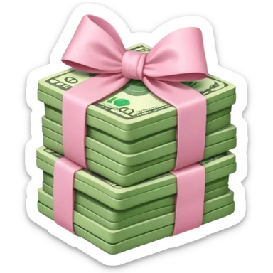 a stack of money with a light pink bow wrapped around it  sticker
