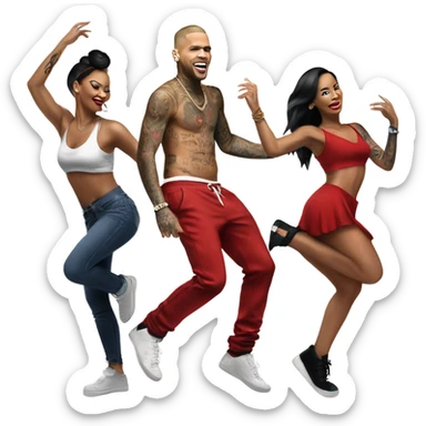 Hyper Realistic Chris Brown   dancing with 3 beautiful tattooed female dancers sticker